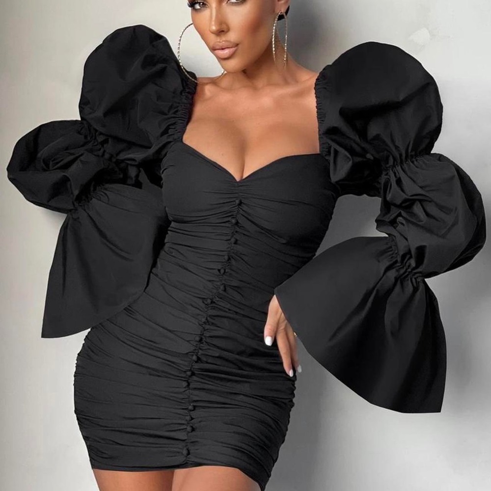 Club L London Black Exaggerated Puff Sleeve Ruched Button Front Mini Dress 2 XS